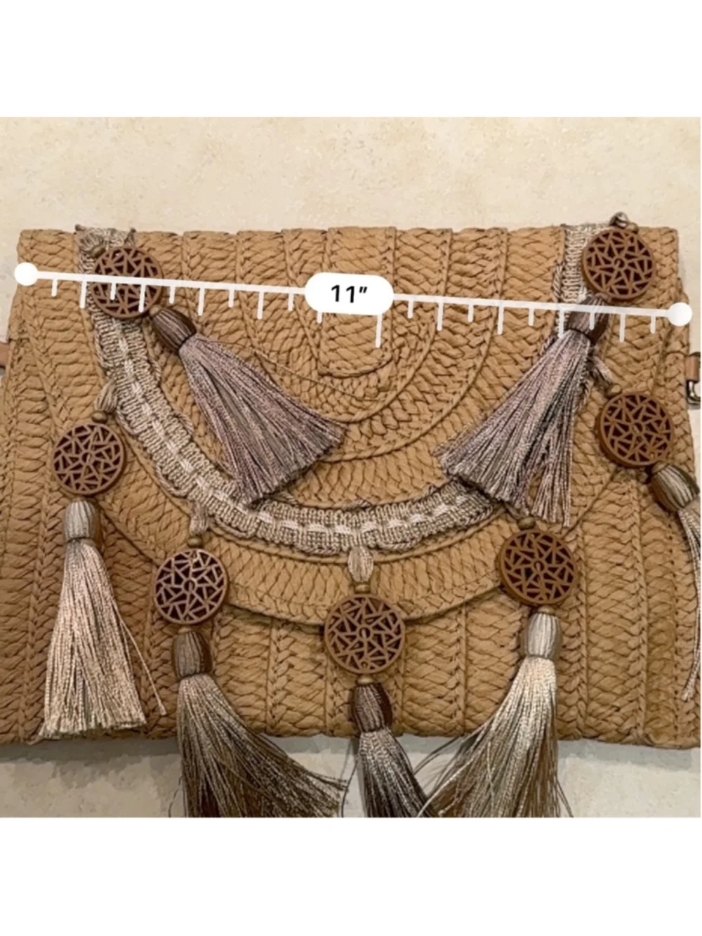 Boho Basket Woven Clutch Wristlet with Tassel Accents